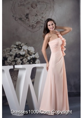 Light Pink One Shoulder Floor-length Prom Dress with Handmade Flower