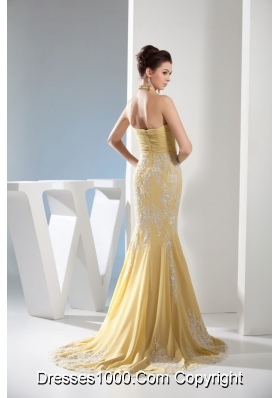 Mermaid Halter Gold Prom Dress with Appliques and Ruching