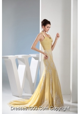 Mermaid Halter Gold Prom Dress with Appliques and Ruching