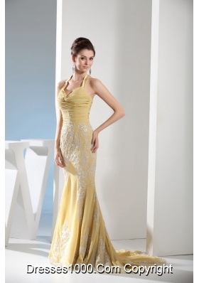 Mermaid Halter Gold Prom Dress with Appliques and Ruching