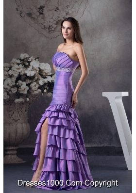 Mermaid Medium Purple Prom Gown with Beading and Ruching Layers