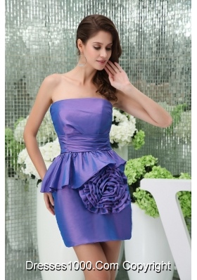 Mini-length Strapless Purple Prom Dress with Big Handmade Flower