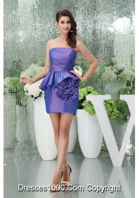 Mini-length Strapless Purple Prom Dress with Big Handmade Flower