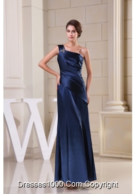 Navy Blue Beaded One Shoulder Column Ankle-length Prom Dress