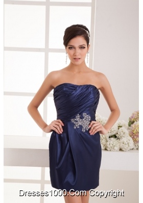 Navy Blue Strapless Mini-length Ruched Beaded Prom Dress   Sheath