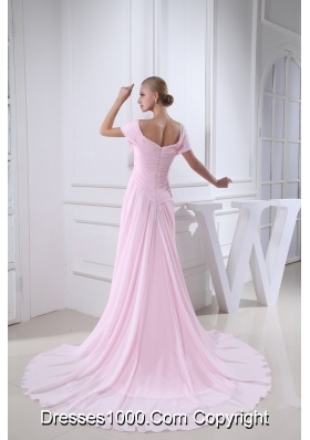 Off-the-shoulder Slitted Chiffon Prom Dress for Girls in Baby Pink