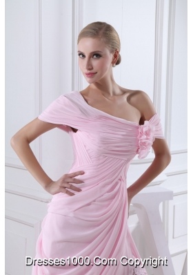 Off-the-shoulder Slitted Chiffon Prom Dress for Girls in Baby Pink