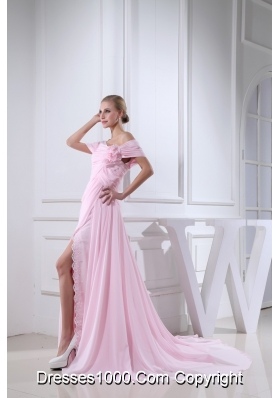 Off-the-shoulder Slitted Chiffon Prom Dress for Girls in Baby Pink