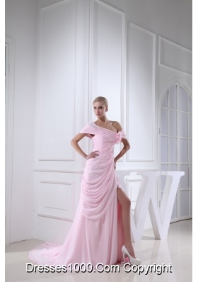 Off-the-shoulder Slitted Chiffon Prom Dress for Girls in Baby Pink