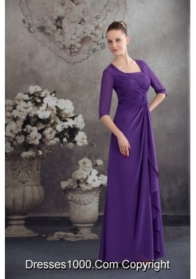 Purple Half Sleeves Square Prom Dress with Ruffles and Beadings