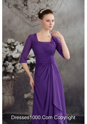 Purple Half Sleeves Square Prom Dress with Ruffles and Beadings