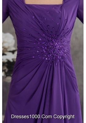 Purple Half Sleeves Square Prom Dress with Ruffles and Beadings