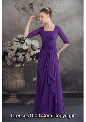 Purple Half Sleeves Square Prom Dress with Ruffles and Beadings