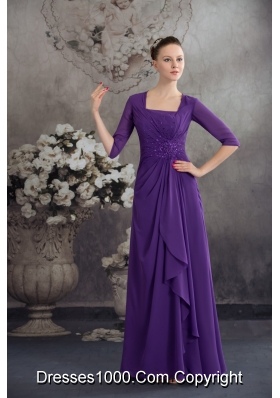 Purple Half Sleeves Square Prom Dress with Ruffles and Beadings