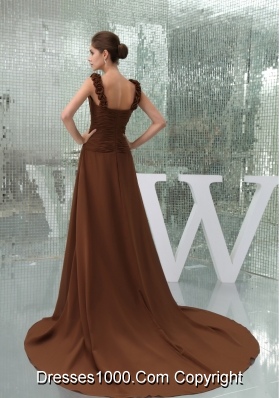 Ruches and Flowers Accent Brown Prom Dress with Court Train