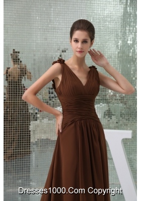 Ruches and Flowers Accent Brown Prom Dress with Court Train