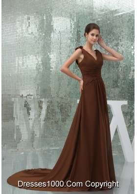 Ruches and Flowers Accent Brown Prom Dress with Court Train