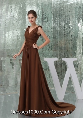 Ruches and Flowers Accent Brown Prom Dress with Court Train