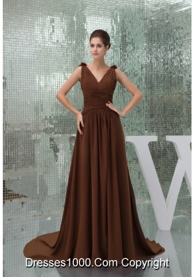 Ruches and Flowers Accent Brown Prom Dress with Court Train