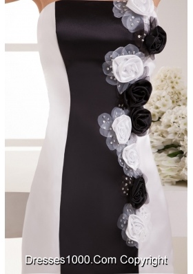 Satin Strapless Black and White Prom Dress with Handmade Flower