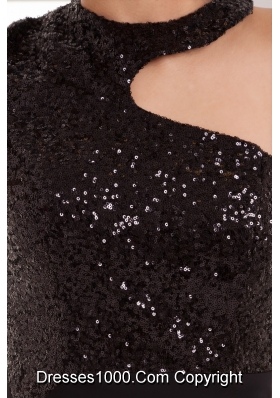 Sexy Black Mini Prom Dress with Asymmetrical Neckline Sequin Satin