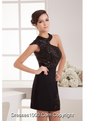 Sexy Black Mini Prom Dress with Asymmetrical Neckline Sequin Satin