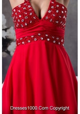 Sexy Half-open Back V-neck Red Prom Dress with Rhinestone