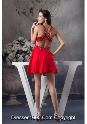 Sexy Half-open Back V-neck Red Prom Dress with Rhinestone