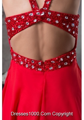 Sexy Half-open Back V-neck Red Prom Dress with Rhinestone