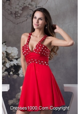 Sexy Half-open Back V-neck Red Prom Dress with Rhinestone