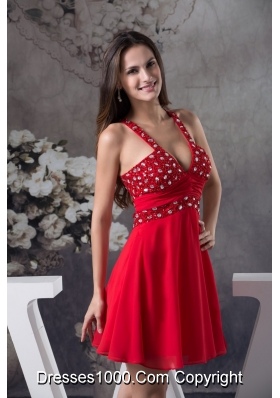 Sexy Half-open Back V-neck Red Prom Dress with Rhinestone