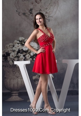 Sexy Half-open Back V-neck Red Prom Dress with Rhinestone