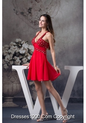 Sexy Half-open Back V-neck Red Prom Dress with Rhinestone