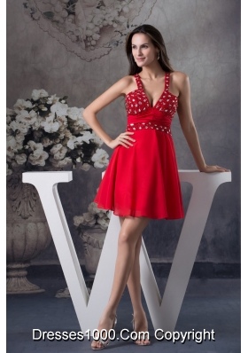 Sexy Half-open Back V-neck Red Prom Dress with Rhinestone