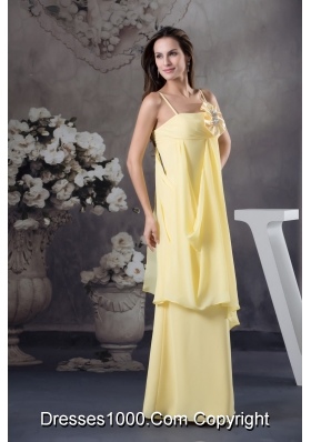 Sexy Spaghetti Straps Light Yellow Prom Gown with Handmade Flower