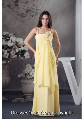 Sexy Spaghetti Straps Light Yellow Prom Gown with Handmade Flower