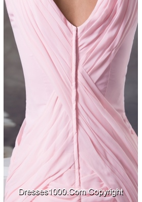 Simple Ruching Decorate V-neck Mini-length Baby Pink Prom Dress