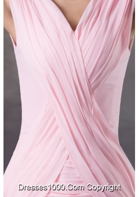 Simple Ruching Decorate V-neck Mini-length Baby Pink Prom Dress