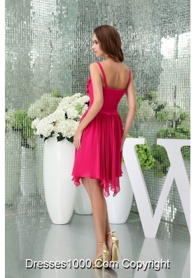 Spaghetti Straps Chiffon Hot Pink Prom Dress with Asymmetrical Hemline