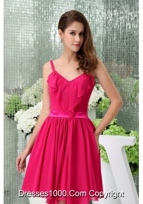 Spaghetti Straps Chiffon Hot Pink Prom Dress with Asymmetrical Hemline