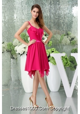 Spaghetti Straps Chiffon Hot Pink Prom Dress with Asymmetrical Hemline