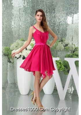 Spaghetti Straps Chiffon Hot Pink Prom Dress with Asymmetrical Hemline