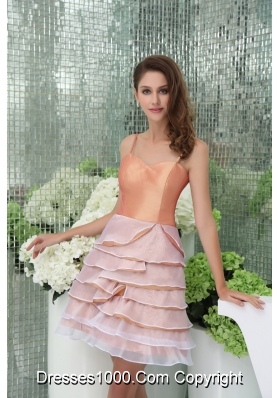 Spaghetti Straps Ruffle-layers Peach Colored Mini Prom Dress