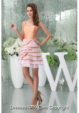 Spaghetti Straps Ruffle-layers Peach Colored Mini Prom Dress