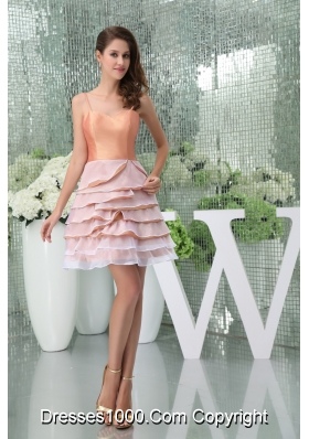 Spaghetti Straps Ruffle-layers Peach Colored Mini Prom Dress