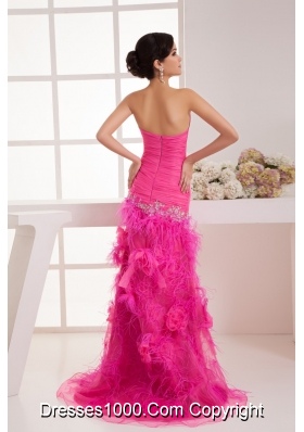 Sweetheart Hop Pink Ruched Beaded Prom Dress with High Slit