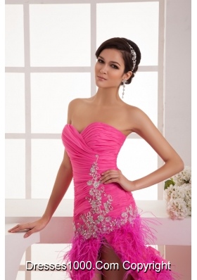 Sweetheart Hop Pink Ruched Beaded Prom Dress with High Slit