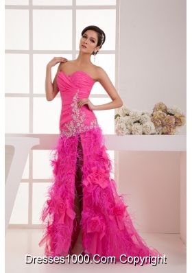 Sweetheart Hop Pink Ruched Beaded Prom Dress with High Slit