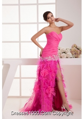 Sweetheart Hop Pink Ruched Beaded Prom Dress with High Slit