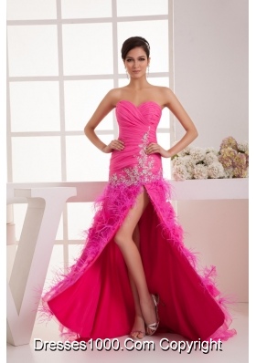 Sweetheart Hop Pink Ruched Beaded Prom Dress with High Slit